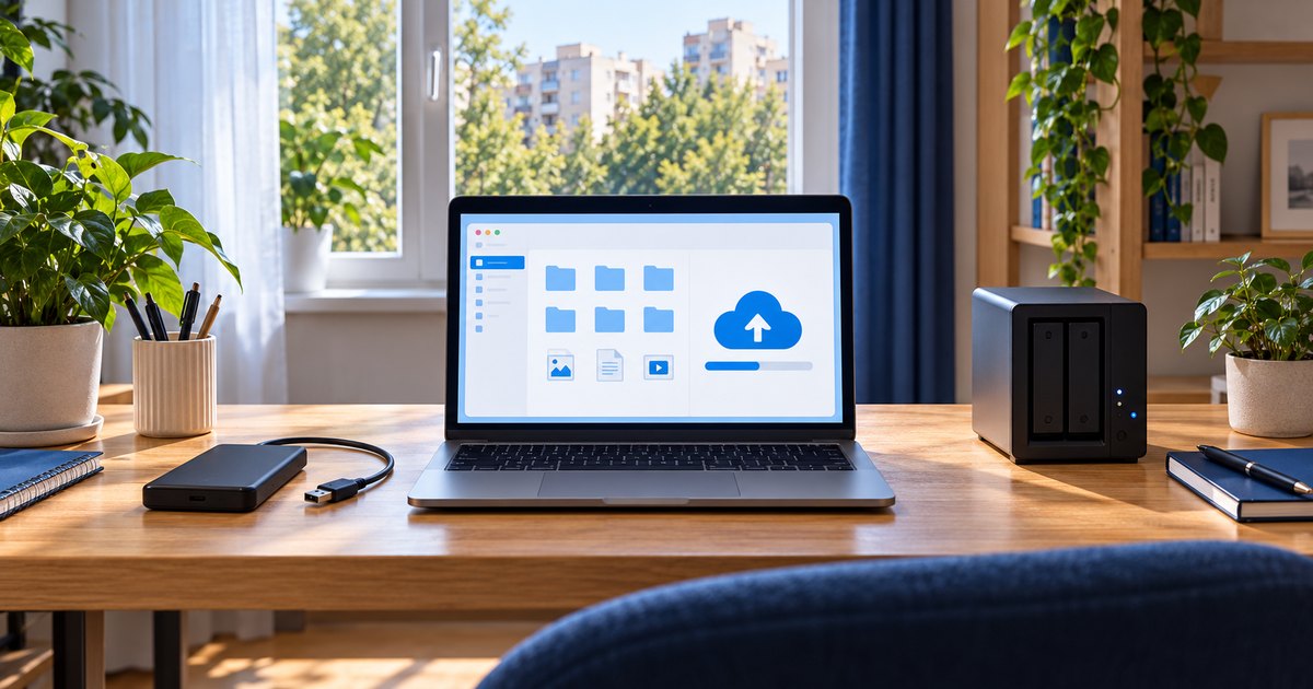 Laptop cu interfață de backup în cloud, NAS și disc de rezervă deconectat pe birou.