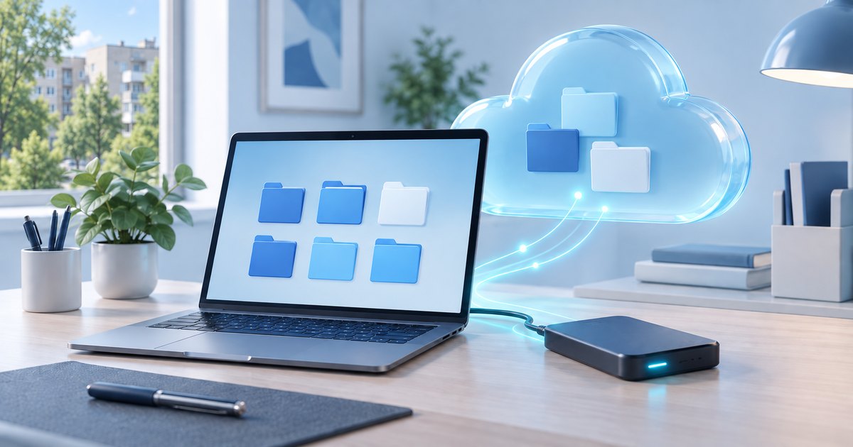 Laptop, disc extern și stocare cloud ilustrativă.