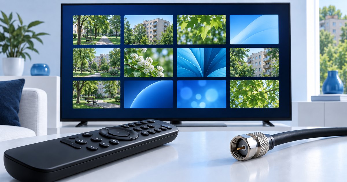 Televizor, telecomandă și conector coaxial pentru cablu.