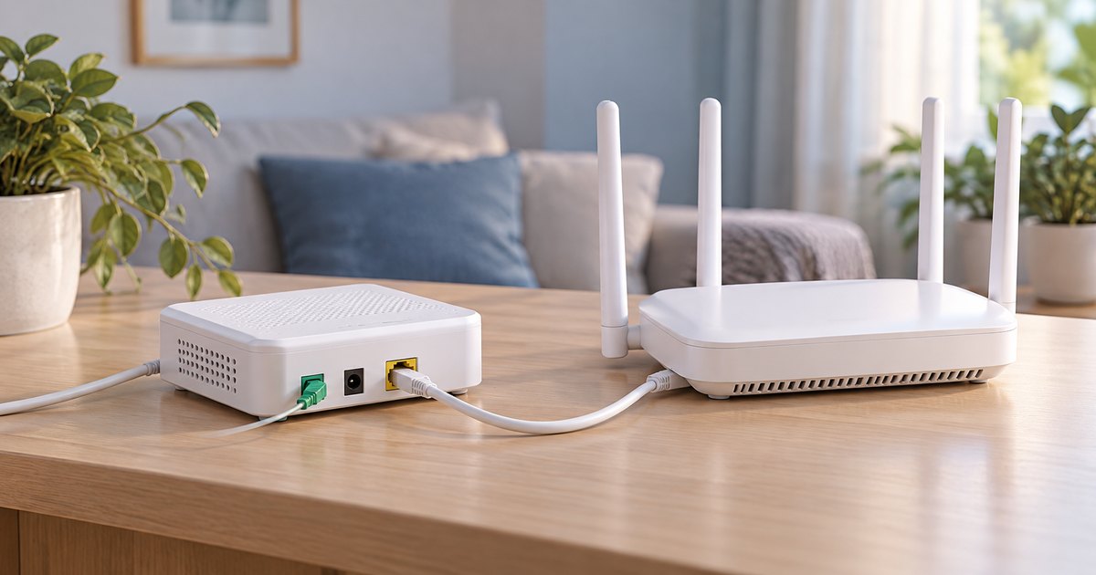 Un terminal optic și un router Wi-Fi conectate prin cablu Ethernet.
