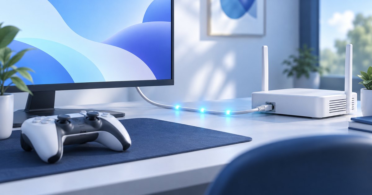 Birou de jocuri cu un controler și conexiune cablată la router.