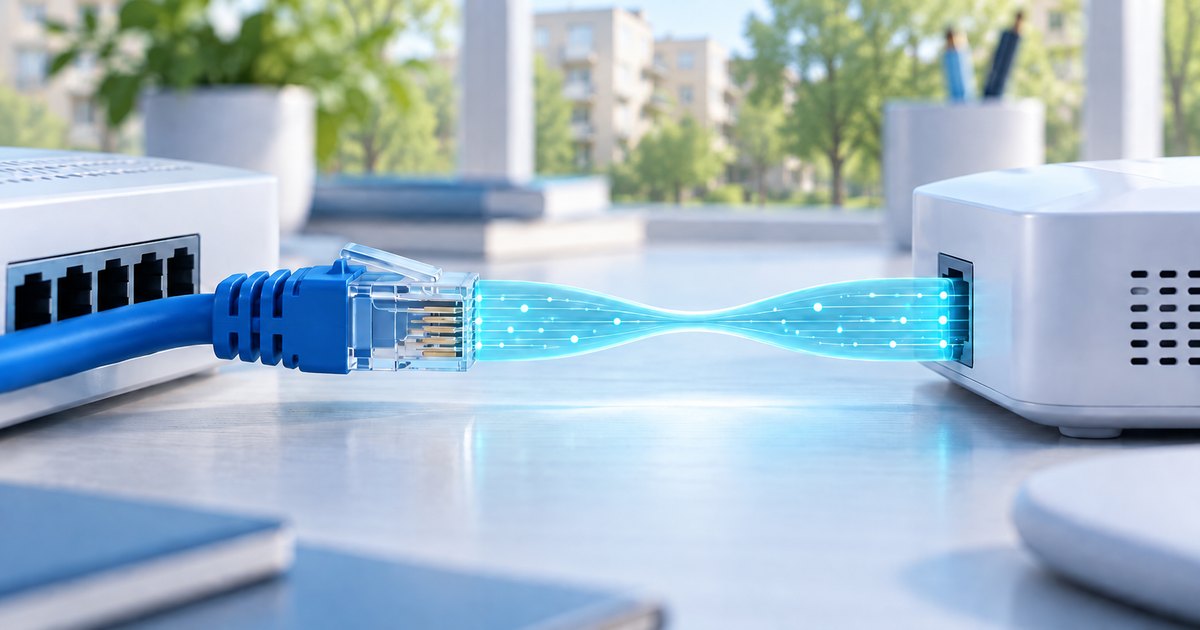 Cablu Ethernet și port de rețea cu un segment luminos îngust.