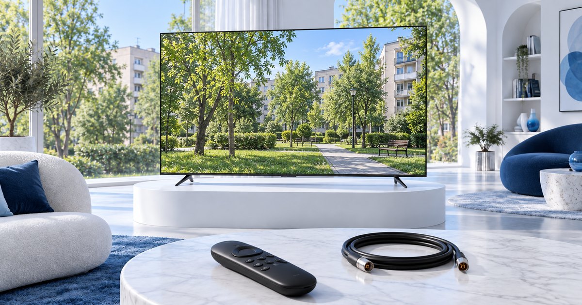 Televizor subțire și telecomandă rotunjită într-un interior luminos.