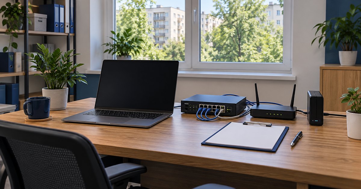 Laptop, switch, router și disc de backup organizate într-un birou mic.