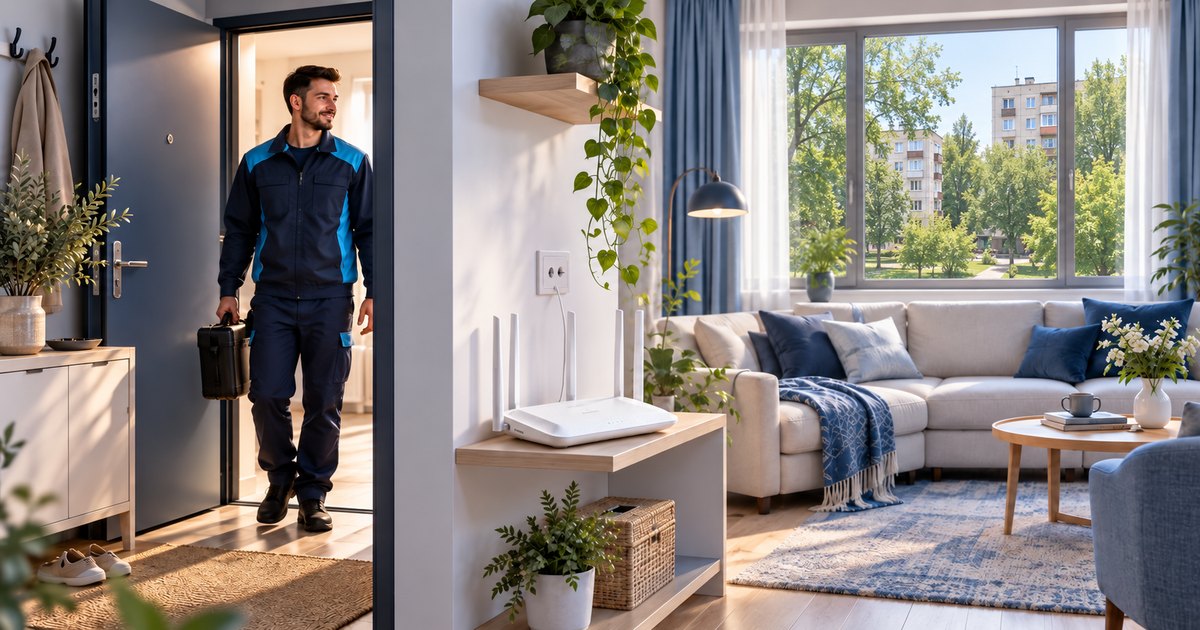Un specialist cu unelte la intrarea într-un apartament luminos.