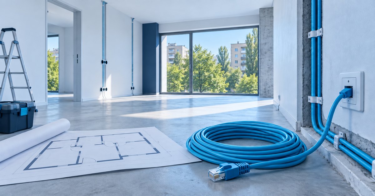 Cameră în renovare cu priză de rețea, cablu și plan.