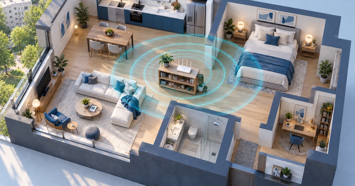 Apartament văzut de sus, cu router pe un raft central deschis.