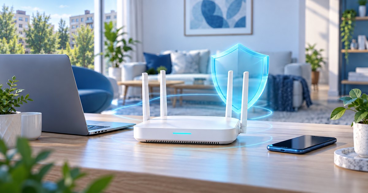Router alb cu un scut ilustrativ.