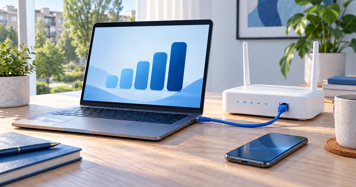 Un laptop conectat prin cablu la router, pe birou.