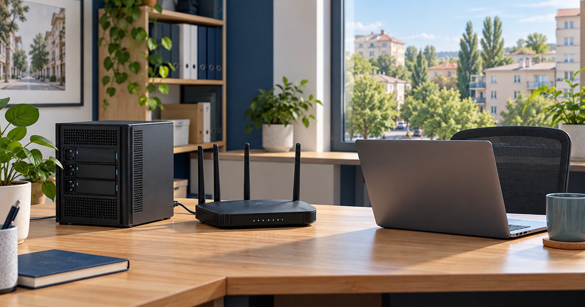 Un server mic, router și laptop într-un birou obișnuit.