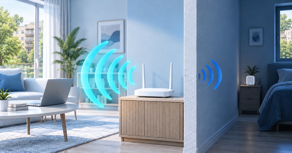Două trasee luminoase Wi-Fi trec prin camere despărțite de un perete.