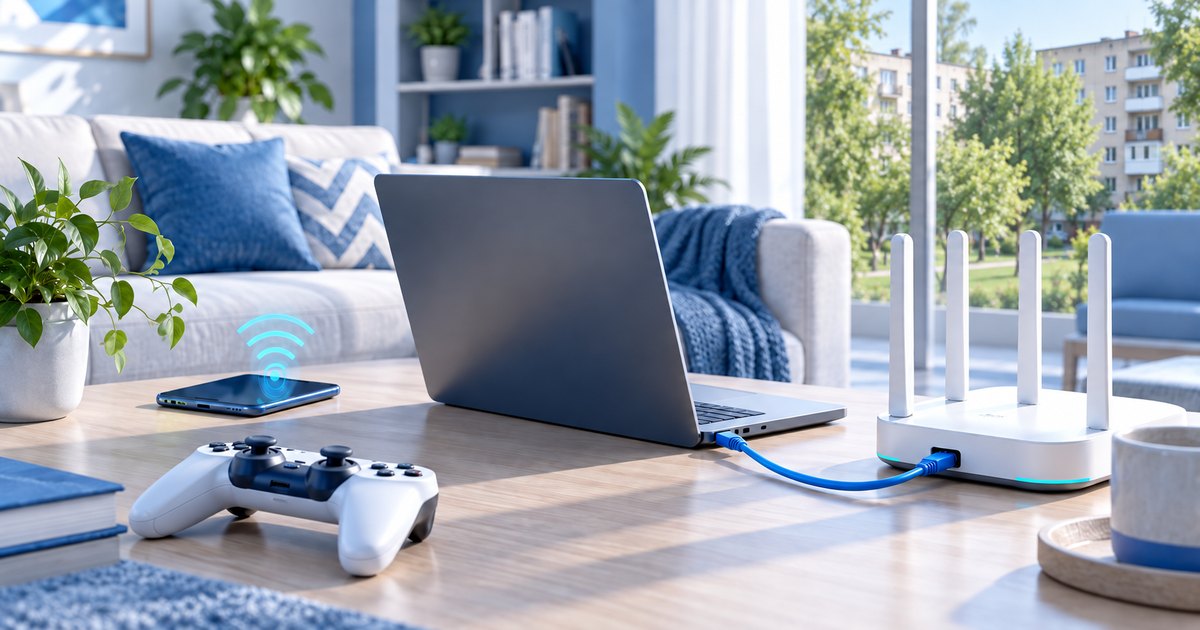 Laptop cablat și dispozitive wireless lângă un router alb.